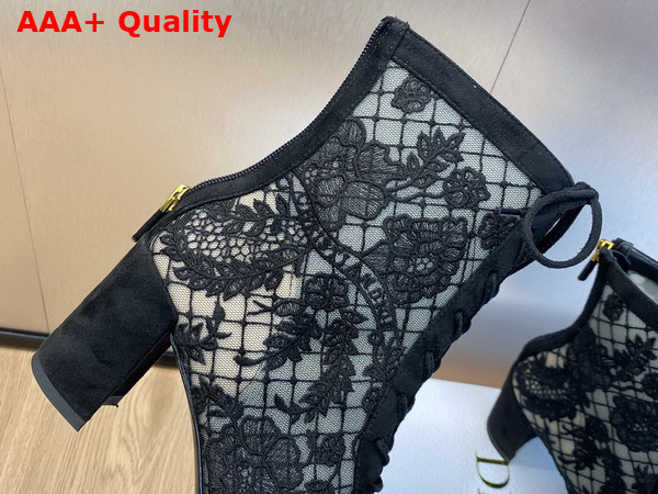 Dior Naughtily D Heeled Ankle Boot Transparent Mesh and Black Suede Calfskin Embroidered with Dior Roses Motif Replica