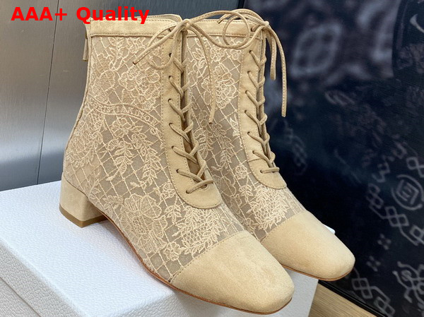 Dior Naughtily D Heeled Ankle Boot Transparent Mesh and Sand Colored Suede Calfskin Embroidered with Dior Roses Motif Replica