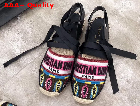 Dior Nicely D Lace Up Espadrille with Christian Dior Fuschia Embroidered Canvas and Black Calfskin Leather Replica