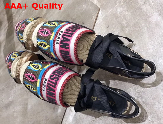 Dior Nicely D Lace Up Espadrille with Christian Dior Fuschia Embroidered Canvas and Black Calfskin Leather Replica