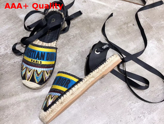 Dior Nicely D Lace Up Espadrille with Christian Dior Turquoise Embroidered Canvas and Black Calfskin Leather Replica