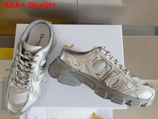 Dior Open Back Chrono Sneaker in Gray Mesh with Silver Tone Laminated Leather Effect Panels Replica