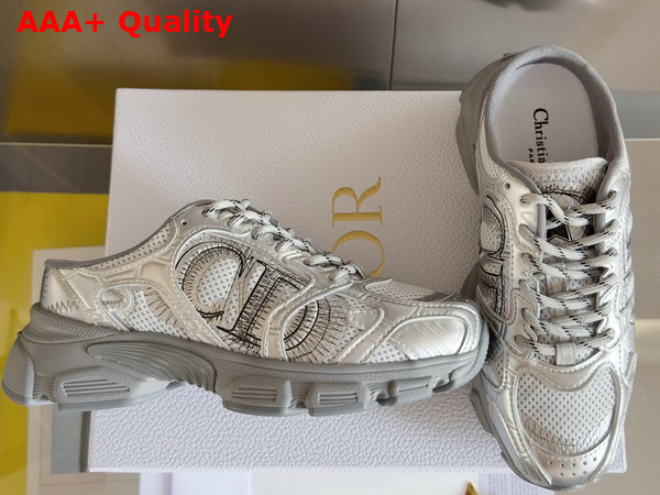 Dior Open Back Chrono Sneaker in Gray Mesh with Silver Tone Laminated Leather Effect Panels Replica