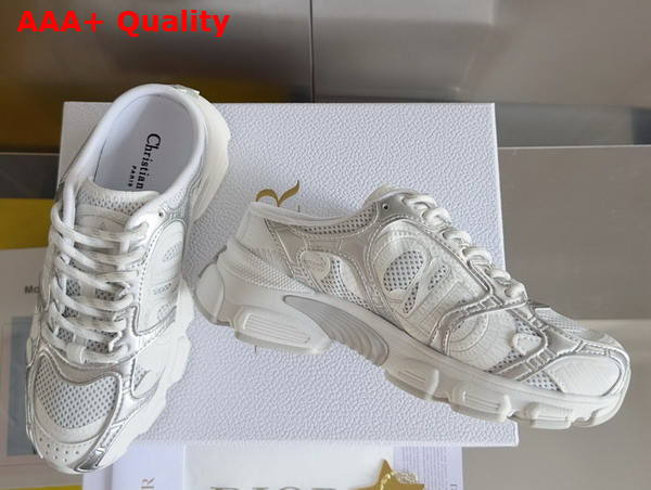 Dior Open Back Chrono Sneaker in White Mesh with Silver Tone and White Laminated Leather Effect Panels Replica