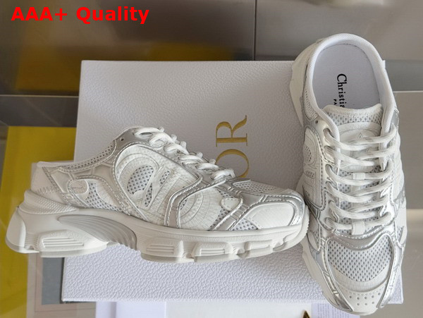 Dior Open Back Chrono Sneaker in White Mesh with Silver Tone and White Laminated Leather Effect Panels Replica