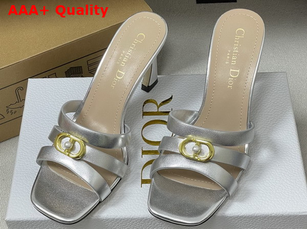 Dior Or 30m Heeled Slide in Silver Tone Laminated Calfskin Replica