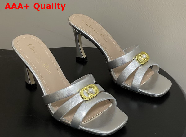 Dior Or 30m Heeled Slide in Silver Tone Laminated Calfskin Replica