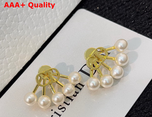 Dior Petit CD Earrings Gold Finish Metal and White Crystals with a White Resin Pearl Replica