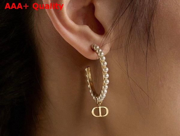 Dior Petit CD Earrings Gold Finish Metal with White Resin Pearls and Silver Tone Crystals Replica