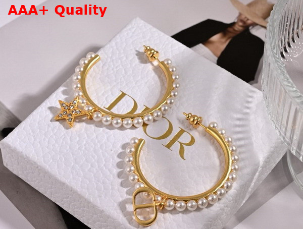 Dior Petit CD Earrings Gold Finish Metal with White Resin Pearls and Silver Tone Crystals Replica