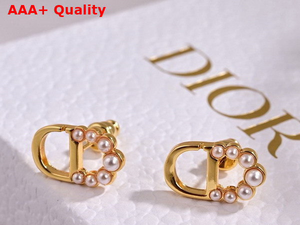 Dior Petit CD Mini Stud Earrings Gold Finish Metal and White Resin Pearls Replica
