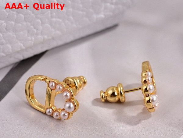 Dior Petit CD Mini Stud Earrings Gold Finish Metal and White Resin Pearls Replica