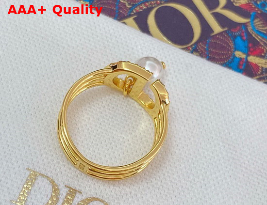 Dior Petit CD Ring Gold Finish Metal and White Crystals with a White Resin Pearl Replica