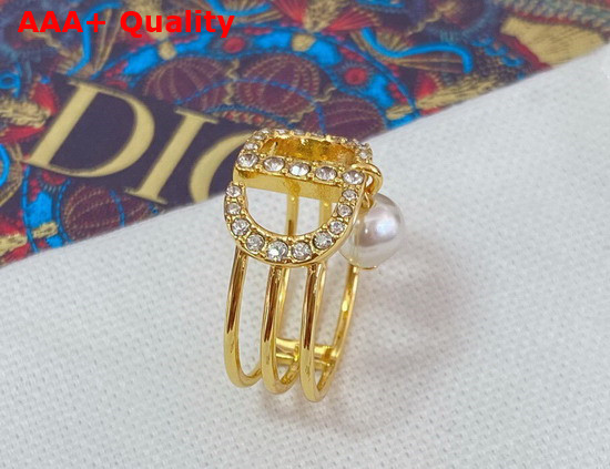 Dior Petit CD Ring Gold Finish Metal and White Crystals with a White Resin Pearl Replica