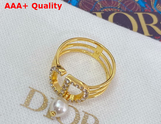 Dior Petit CD Ring Gold Finish Metal and White Crystals with a White Resin Pearl Replica