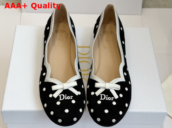 Dior Romance Ballet Flat in Black Cotton Embroidered with White PolkaDior Motif Replica