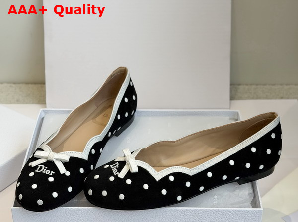 Dior Romance Ballet Flat in Black Cotton Embroidered with White PolkaDior Motif Replica