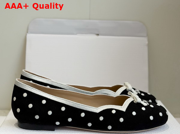 Dior Romance Ballet Flat in Black Cotton Embroidered with White PolkaDior Motif Replica