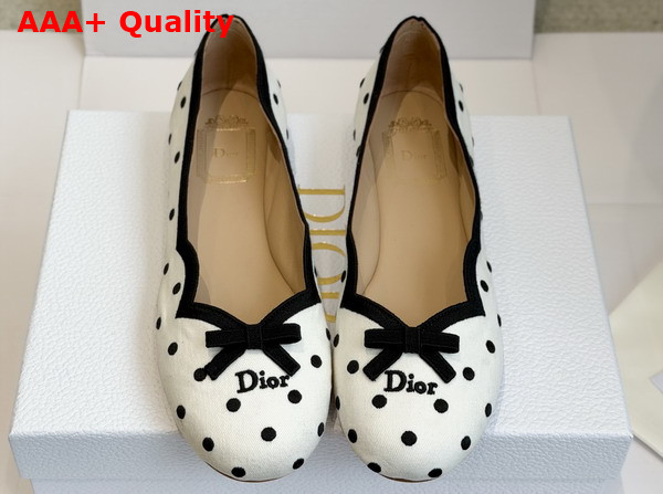 Dior Romance Ballet Flat in White Cotton Embroidered with Black PolkaDior Motif Replica