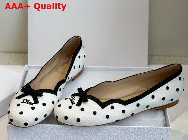 Dior Romance Ballet Flat in White Cotton Embroidered with Black PolkaDior Motif Replica