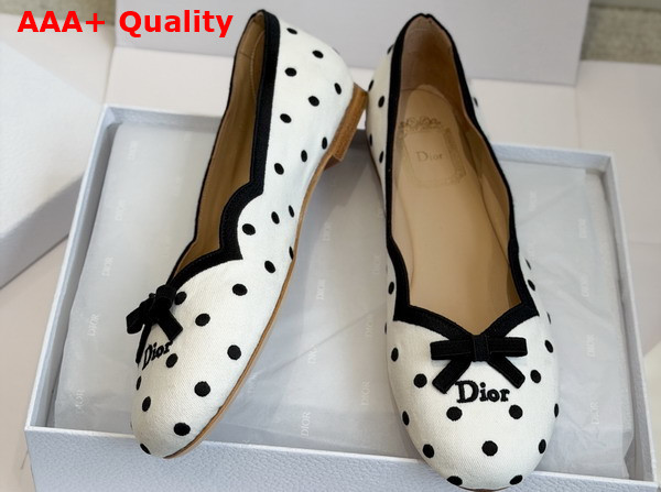 Dior Romance Ballet Flat in White Cotton Embroidered with Black PolkaDior Motif Replica