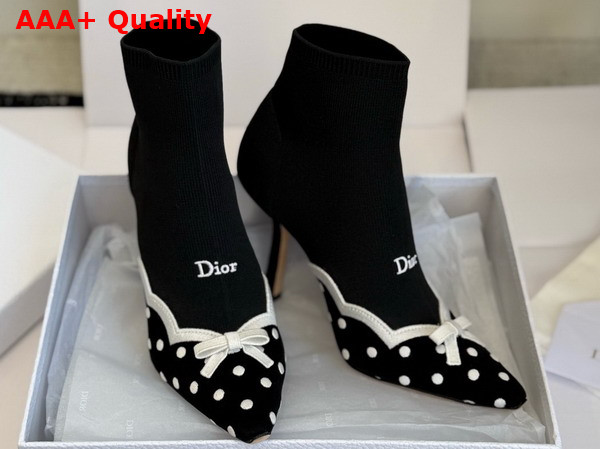Dior Romance Heeled Ankle Boot in Black Cotton Embroidered with White PolkaDior Motif Replica
