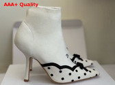 Dior Romance Heeled Ankle Boot in White Cotton Embroidered with Black PolkaDior Motif Replica