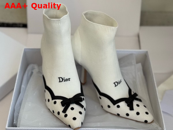 Dior Romance Heeled Ankle Boot in White Cotton Embroidered with Black PolkaDior Motif Replica