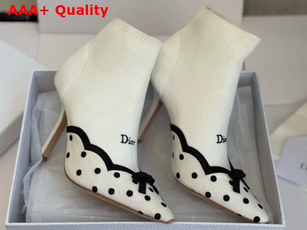 Dior Romance Heeled Ankle Boot in White Cotton Embroidered with Black PolkaDior Motif Replica