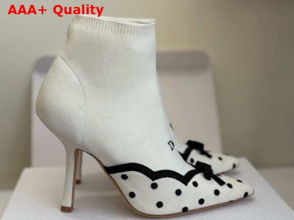 Dior Romance Heeled Ankle Boot in White Cotton Embroidered with Black PolkaDior Motif Replica
