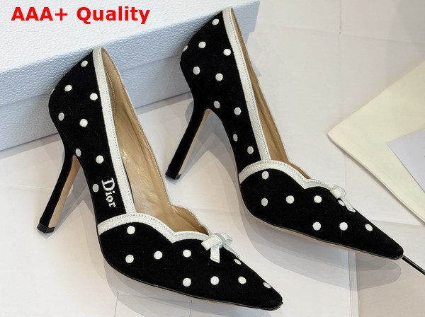 Dior Romance Pump in Black Cotton Embroidered with White PolkaDior Motif Replica