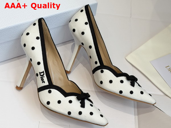 Dior Romance Pump in White Cotton Embroidered with Black PolkaDior Motif Replica