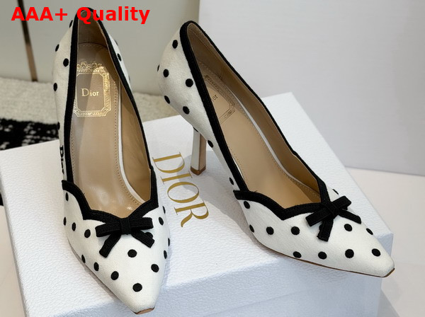 Dior Romance Pump in White Cotton Embroidered with Black PolkaDior Motif Replica