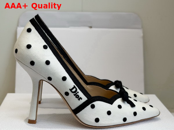 Dior Romance Pump in White Cotton Embroidered with Black PolkaDior Motif Replica