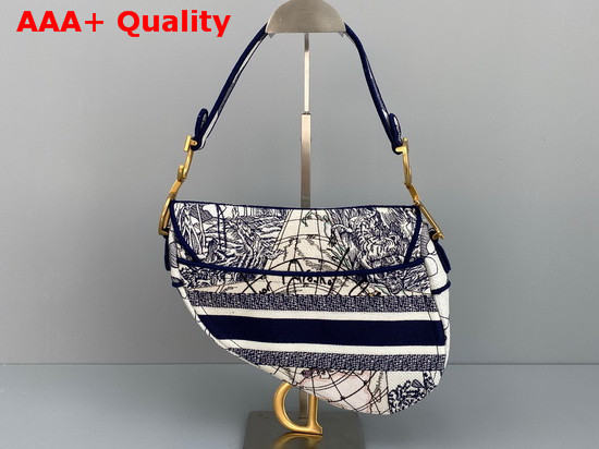 Dior Saddle Bag Blue Multicolor Dior Around the World Embroidery Replica