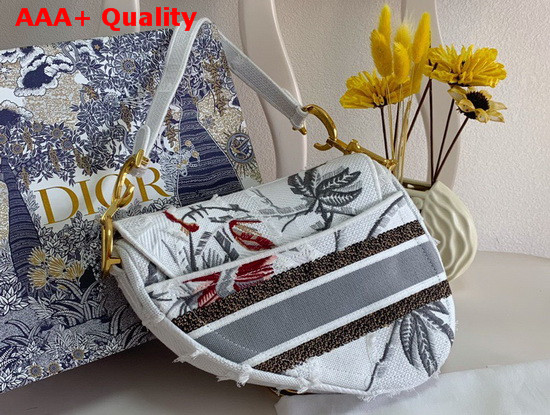 Dior Saddle Bag White Camouflage Embroidery with Multicolor Flowers Replica