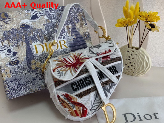 Dior Saddle Bag White Camouflage Embroidery with Multicolor Flowers Replica