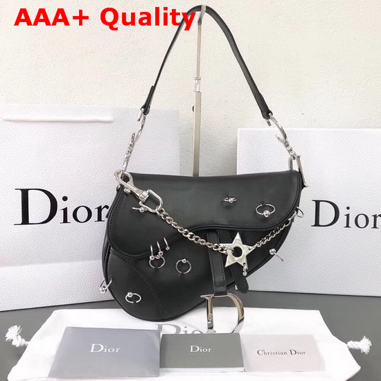 Dior Saddle Bag in Black Calfskin Decorated with Silver Metal Rings Replica