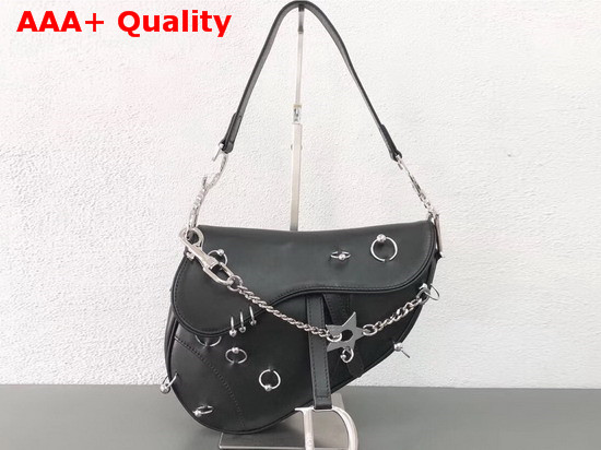 Dior Saddle Bag in Black Calfskin Decorated with Silver Metal Rings Replica