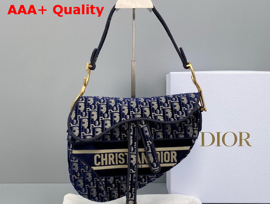 Dior Saddle Bag in Blue Dior Oblique Embroidered Velvet Replica