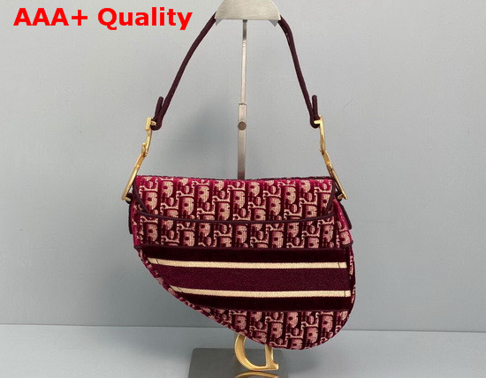 Dior Saddle Bag in Burgundy Dior Oblique Embroidered Velvet Replica