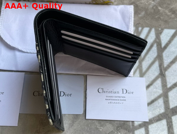 Dior Saddle Bifold Wallet Black Grained Calfskin Marquetry with Beige and Black Dior Oblique Jacquard Replica