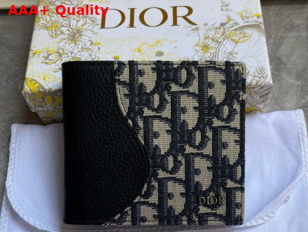Dior Saddle Bifold Wallet Black Grained Calfskin Marquetry with Beige and Black Dior Oblique Jacquard Replica