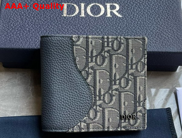 Dior Saddle Bifold Wallet Blue Grained Calfskin Marquetry and Blue Dior Oblique Jacquard Replica