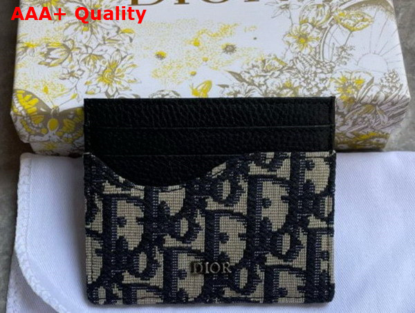 Dior Saddle Card Holder Black Grained Calfskin Marquetry with Beige and Black Dior Oblique Jacquard Replica