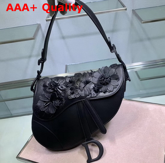 Dior Saddle Lambskin Bag in Black with Embroidered Flowers Replica