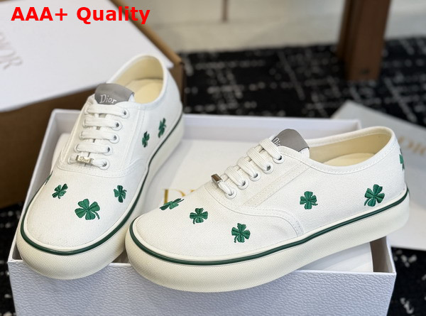 Dior Saltwind Sneaker in White Cotton Embroidered with Green Dior Clover Motif Replica