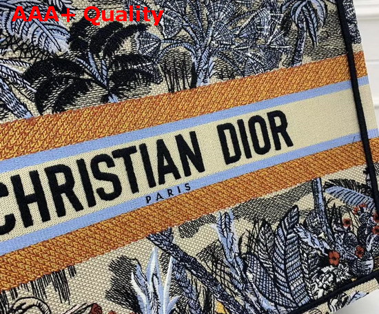 Dior Small Book Tote Bag in Canvas Embroidered with a Leaf Blue Toile De Jouy Tropicalia Motif Replica
