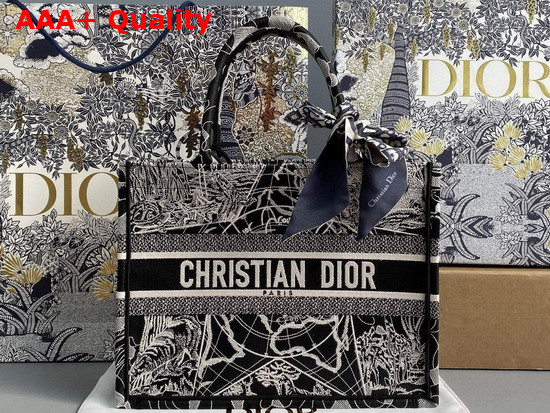Dior Small Dior Book Tote Black and White Dior Around the World Embroidery Replica