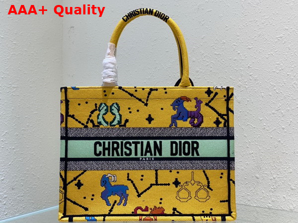 Dior Small Dior Book Tote Yellow Multicolor Dior Pixel Zodiac Embroidery Replica